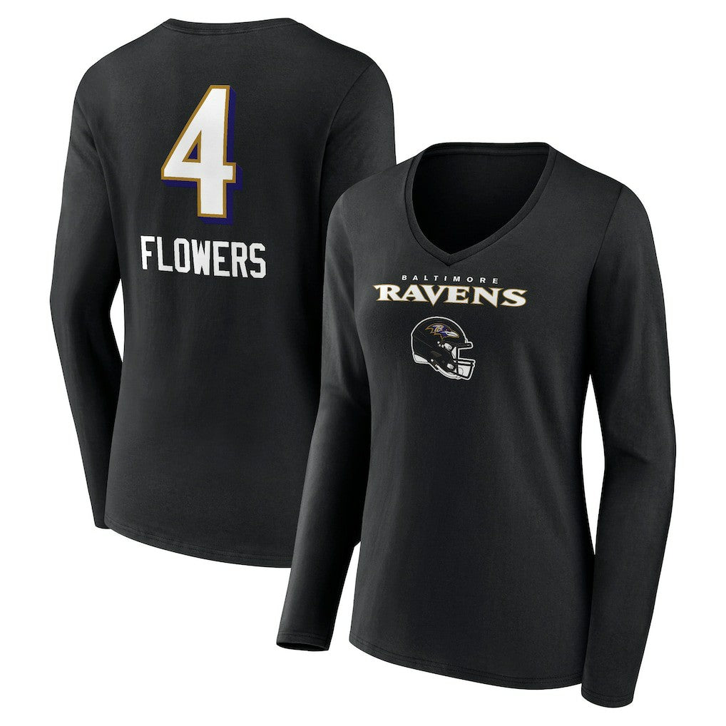 Zay Flowers  Women's Team Wordmark Player Name & Number Long Sleeve V-Neck T-Shirt - Baltimore Ravens T-shirts