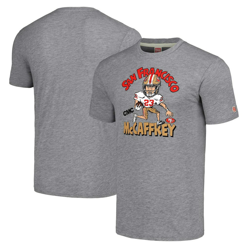 Christian McCaffrey  Homage Unisex Caricature Player Tri-Blend T-Shirt - San Francisco 49ers T-shirts