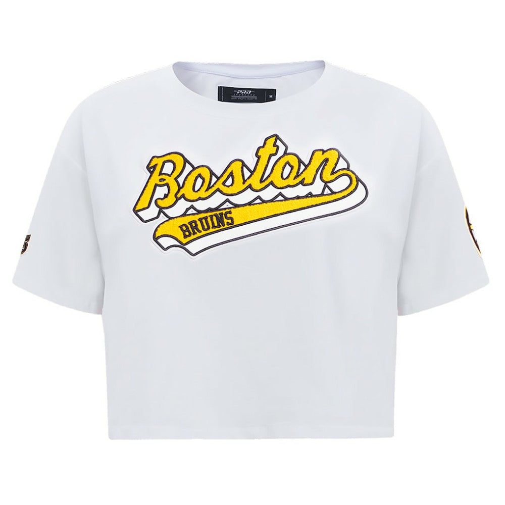 NHL Boston Bruins Pro Standard Women's Boxy Script Tail Cropped T-Shirt