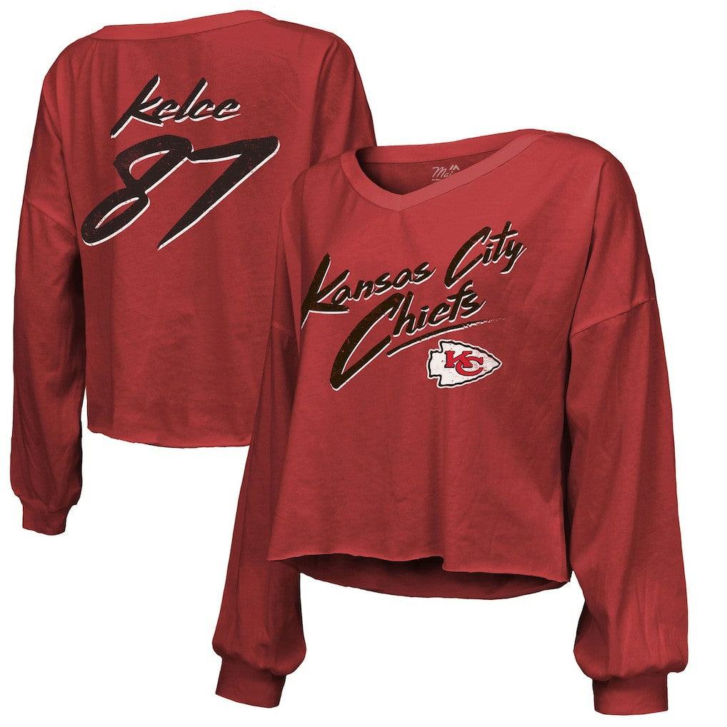 Travis Kelce  Majestic Threads Women's Name & Number Off-Shoulder Script Cropped Long Sleeve V-Neck T-Shirt - Kansas City Chiefs T-shirts