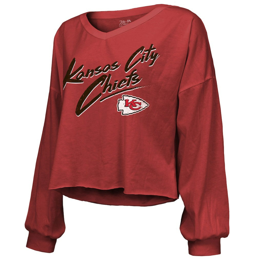 Travis Kelce  Majestic Threads Women's Name & Number Off-Shoulder Script Cropped Long Sleeve V-Neck T-Shirt - Kansas City Chiefs T-shirts