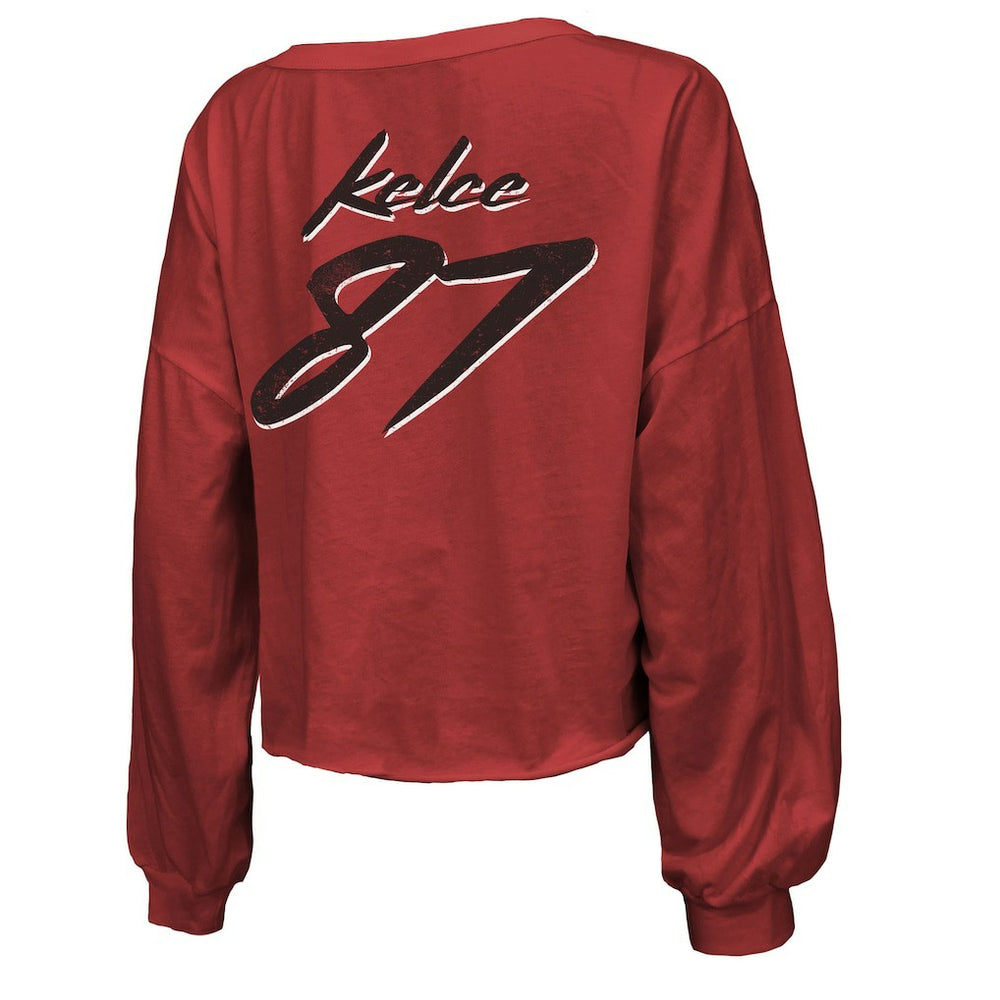Travis Kelce  Majestic Threads Women's Name & Number Off-Shoulder Script Cropped Long Sleeve V-Neck T-Shirt - Kansas City Chiefs T-shirts