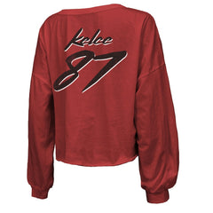 Travis Kelce  Majestic Threads Women's Name & Number Off-Shoulder Script Cropped Long Sleeve V-Neck T-Shirt - Kansas City Chiefs T-shirts