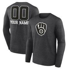 Charcoal Milwaukee Brewers Personalized Monochrome Name & Number Long Sleeve T-Shirt