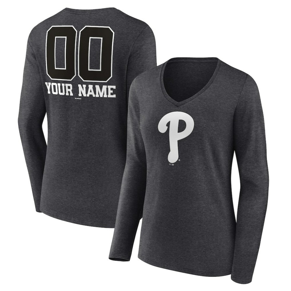Charcoal Philadelphia Phillies Women's Personalized Monochrome Name & Number Long Sleeve V-Neck T-Shirt