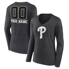 Charcoal Philadelphia Phillies Women's Personalized Monochrome Name & Number Long Sleeve V-Neck T-Shirt