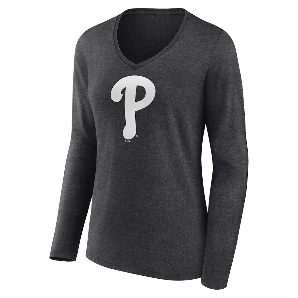 Charcoal Philadelphia Phillies Women's Personalized Monochrome Name & Number Long Sleeve V-Neck T-Shirt