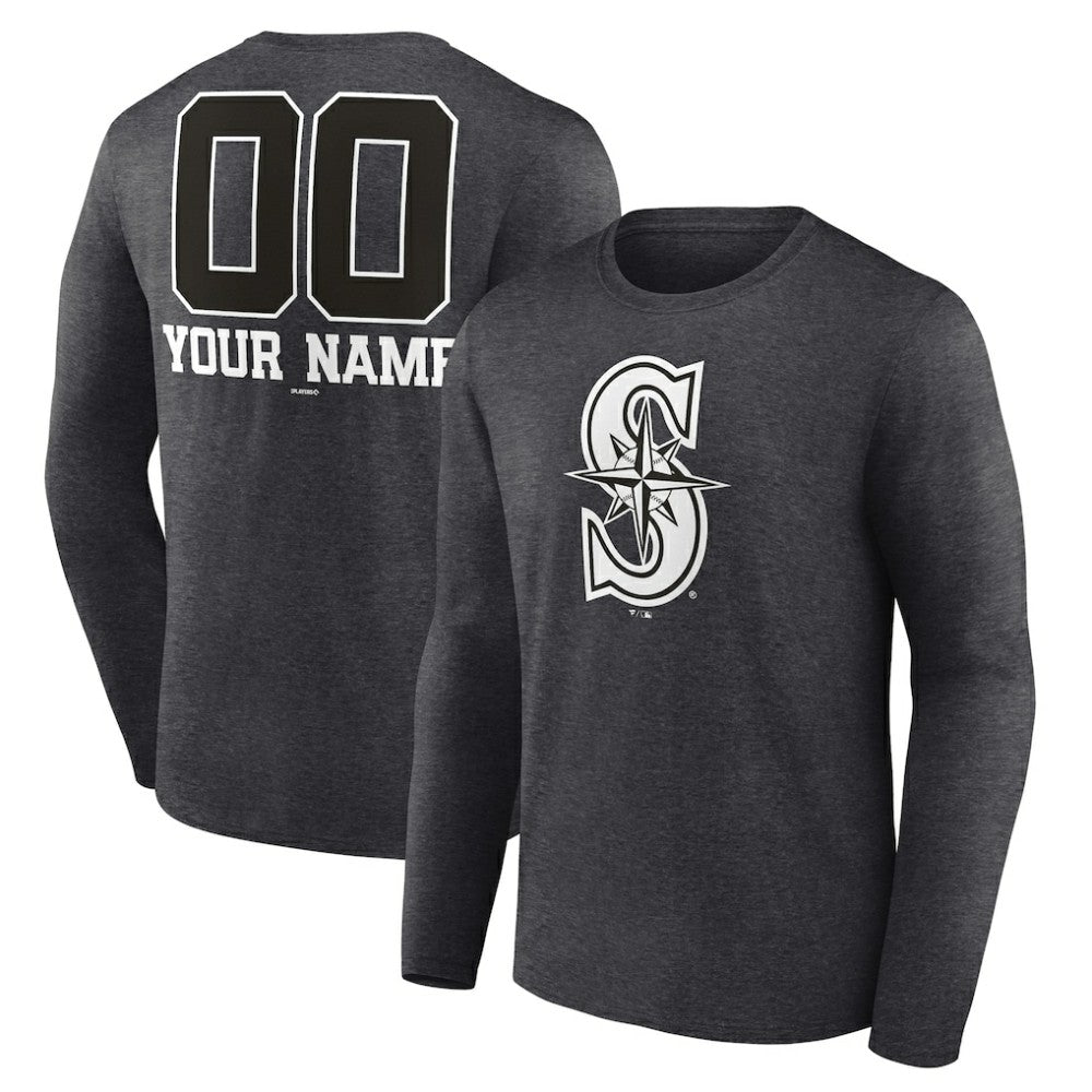 Charcoal Seattle Mariners Personalized Monochrome Name & Number Long Sleeve T-Shirt