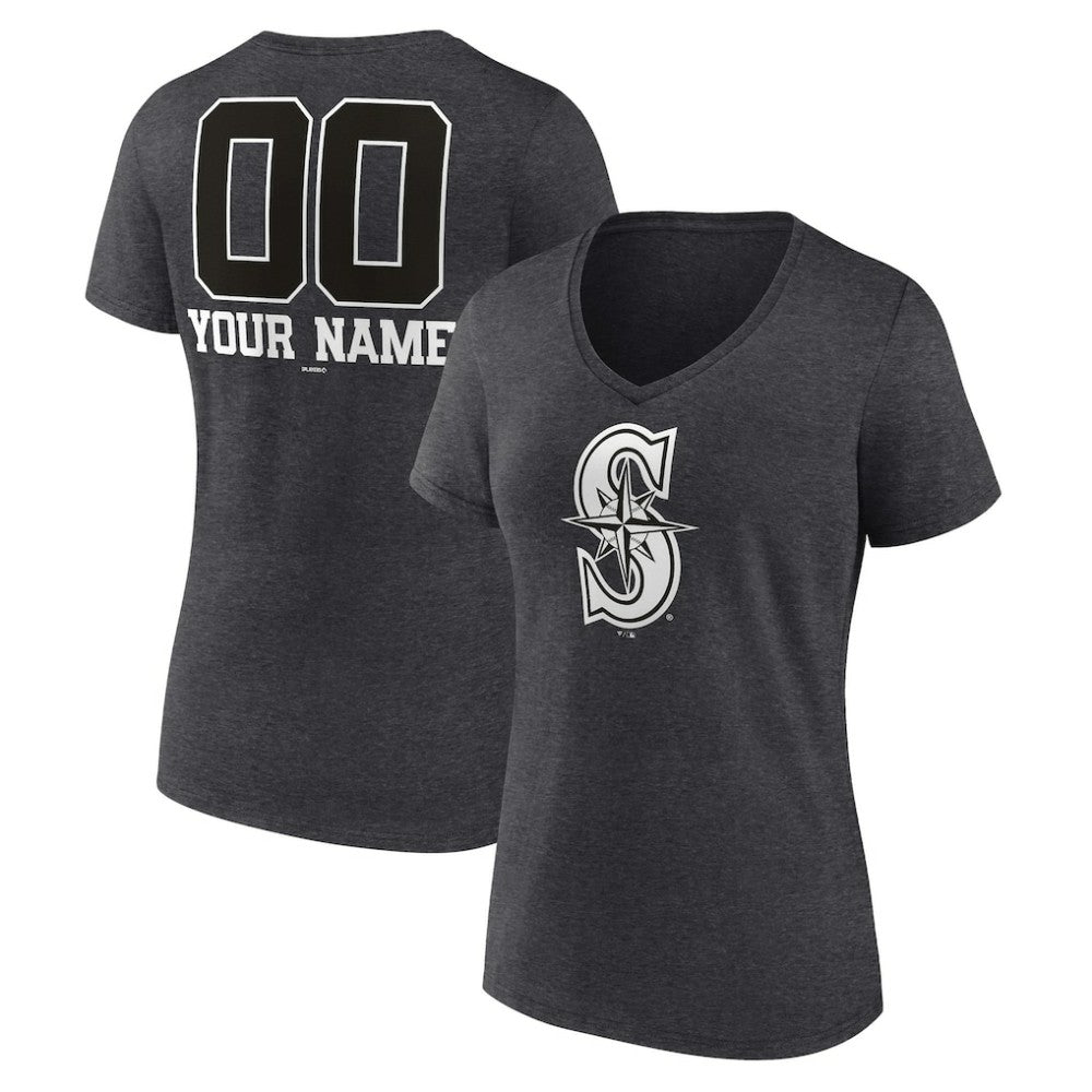 Charcoal Seattle Mariners Women's Personalized Monochrome Name & Number V-Neck T-Shirt