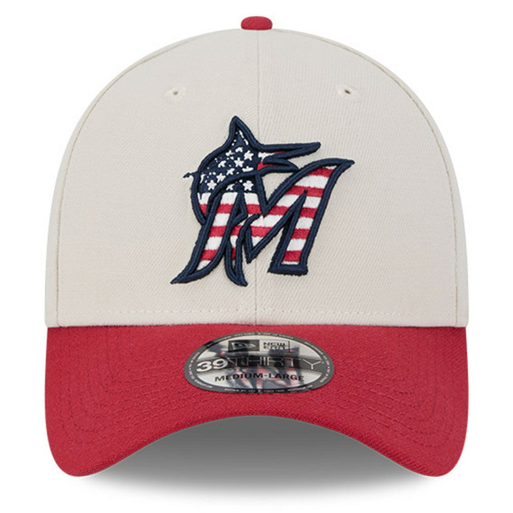 Khaki/Red Miami Marlins New Era 2024 Fourth of July 39THIRTY Flex Hat