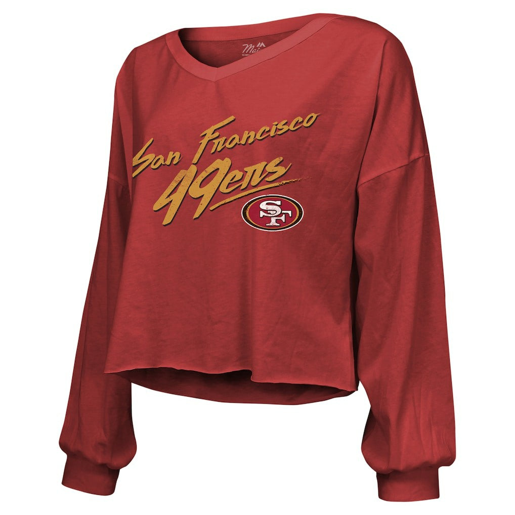 Brock Purdy  Majestic Threads Women's Name & Number Off-Shoulder Script Cropped Long Sleeve Relaxed V-Neck T-Shirt - San Francisco 49ers T-shirts
