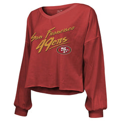 Brock Purdy  Majestic Threads Women's Name & Number Off-Shoulder Script Cropped Long Sleeve Relaxed V-Neck T-Shirt - San Francisco 49ers T-shirts