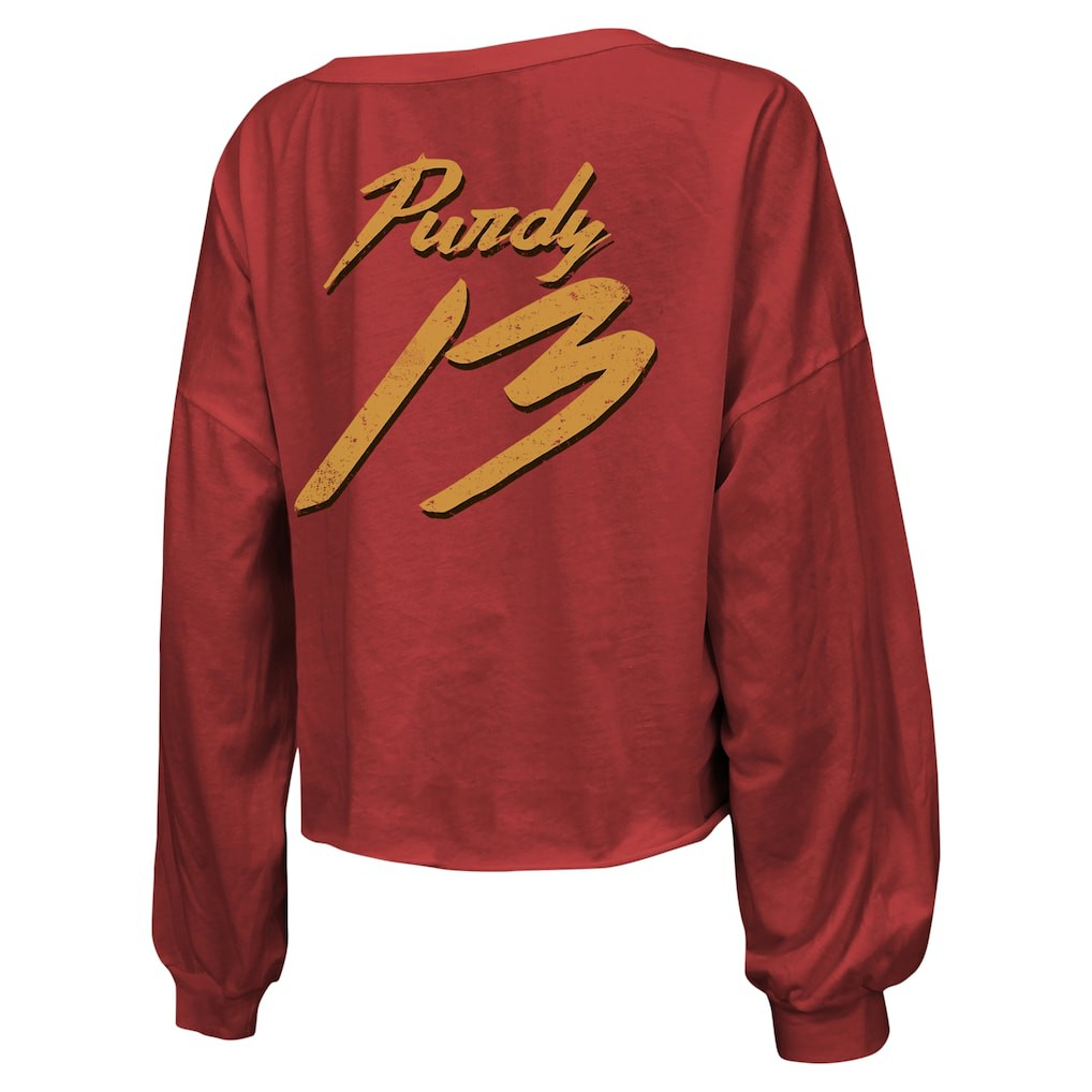 Brock Purdy  Majestic Threads Women's Name & Number Off-Shoulder Script Cropped Long Sleeve Relaxed V-Neck T-Shirt - San Francisco 49ers T-shirts