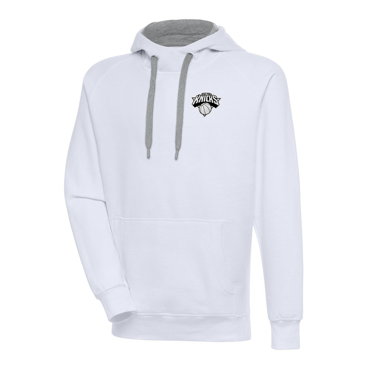 New York Knicks Antigua Metallic Logo Victory Raglan Pullover Hoodie