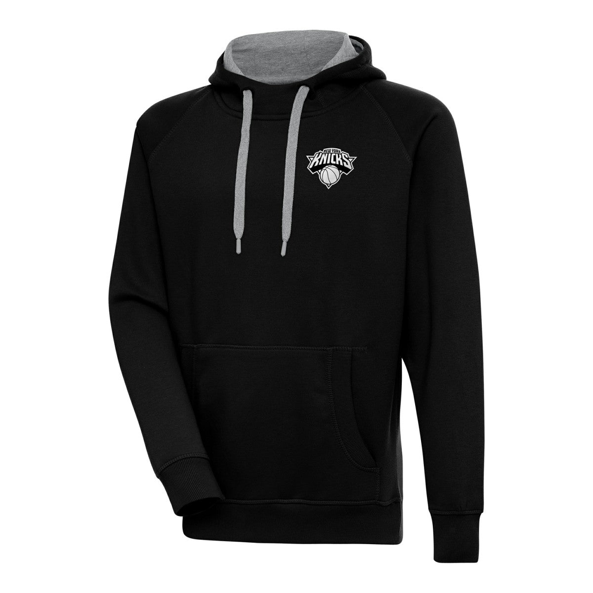 New York Knicks Antigua Metallic Logo Victory Raglan Pullover Hoodie