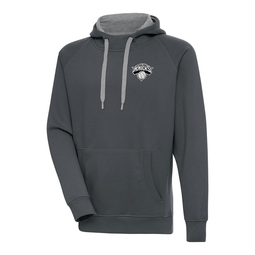 New York Knicks Antigua Metallic Logo Victory Raglan Pullover Hoodie