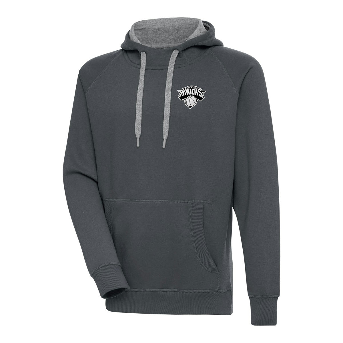 New York Knicks Antigua Metallic Logo Victory Raglan Pullover Hoodie