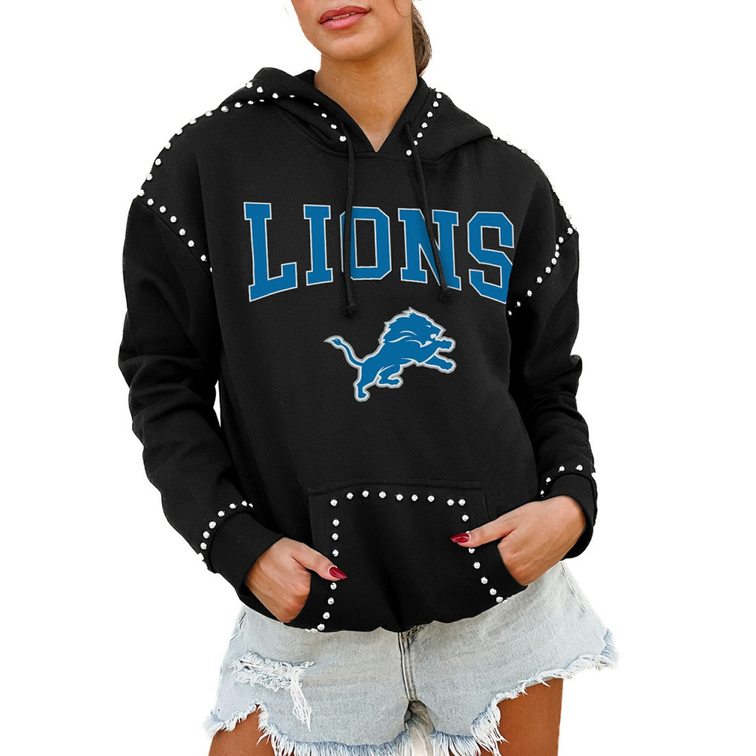 Gameday Couture Women's Oversized Catch the Vibe Studded Pullover Hoodie - Detroit Lions Hoodies