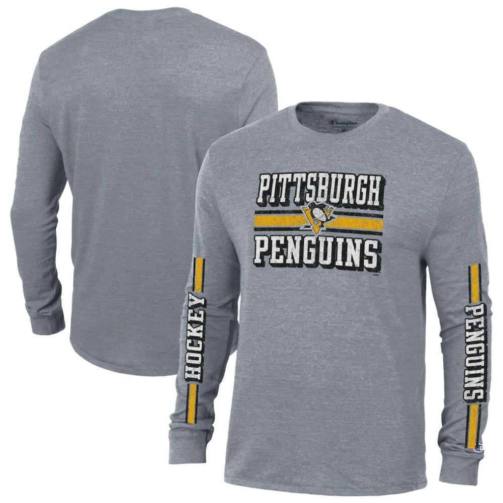 NHL Pittsburgh Penguins Champion Tri-Blend Dual-Stripe Long Sleeve T-Shirt