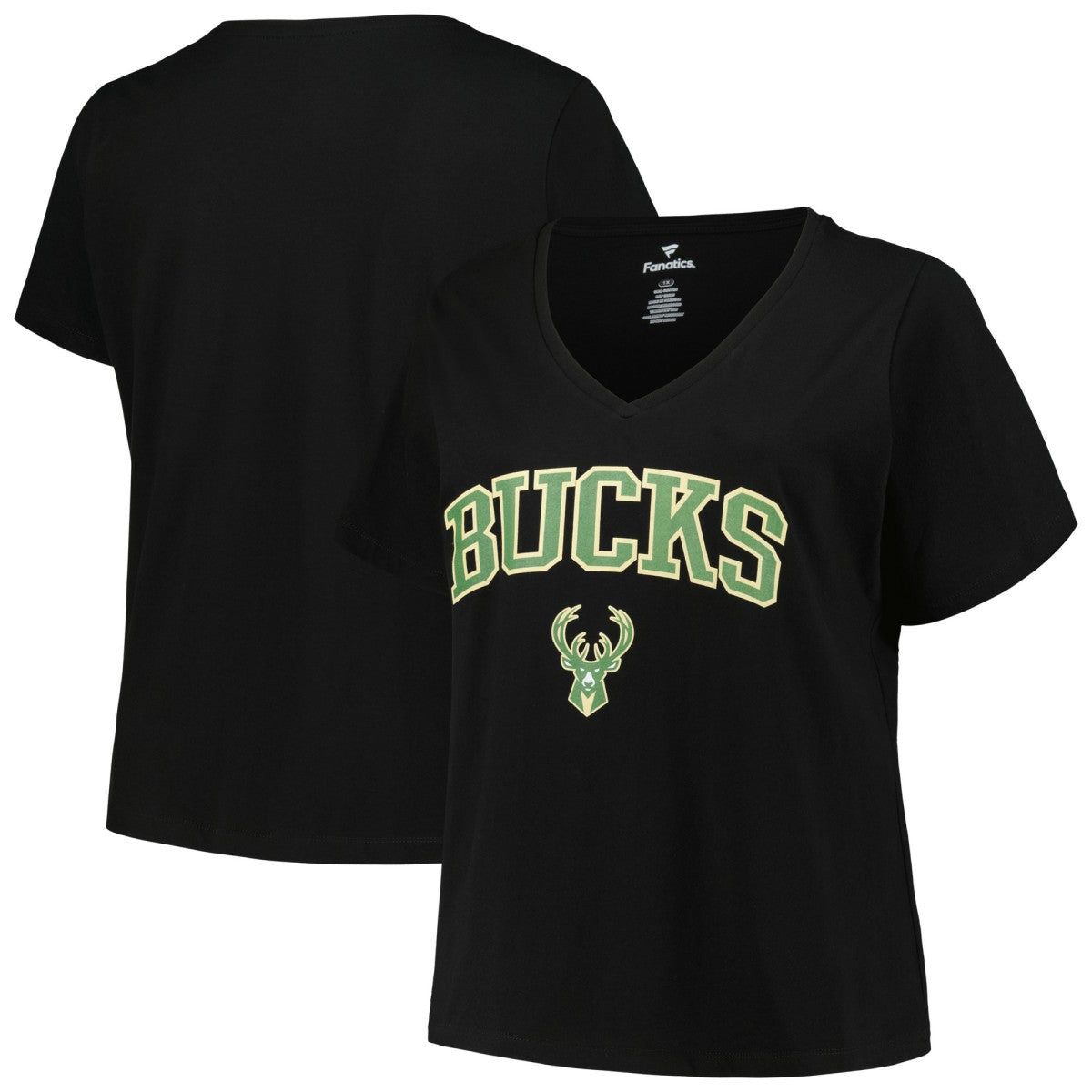 Milwaukee Bucks Profile Women's Plus Size Arch Over Logo V-Neck T-Shirt