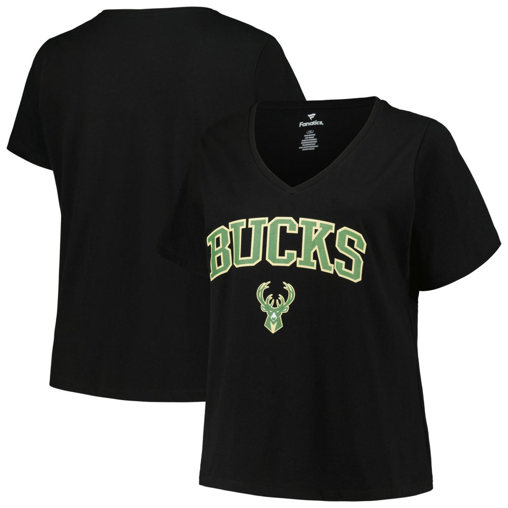 Milwaukee Bucks Profile Women's Plus Size Arch Over Logo V-Neck T-Shirt