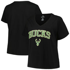 Milwaukee Bucks Profile Women's Plus Size Arch Over Logo V-Neck T-Shirt