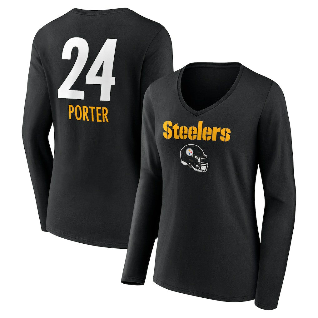 Joey Porter Jr.  Women's Team Wordmark Player Name & Number Long Sleeve V-Neck T-Shirt - Pittsburgh Steelers T-shirts