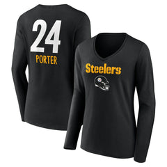 Joey Porter Jr.  Women's Team Wordmark Player Name & Number Long Sleeve V-Neck T-Shirt - Pittsburgh Steelers T-shirts