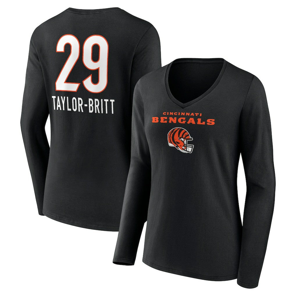 Cam Taylor-Britt  Women's Team Wordmark Player Name & Number Long Sleeve V-Neck T-Shirt - Cincinnati Bengals T-shirts