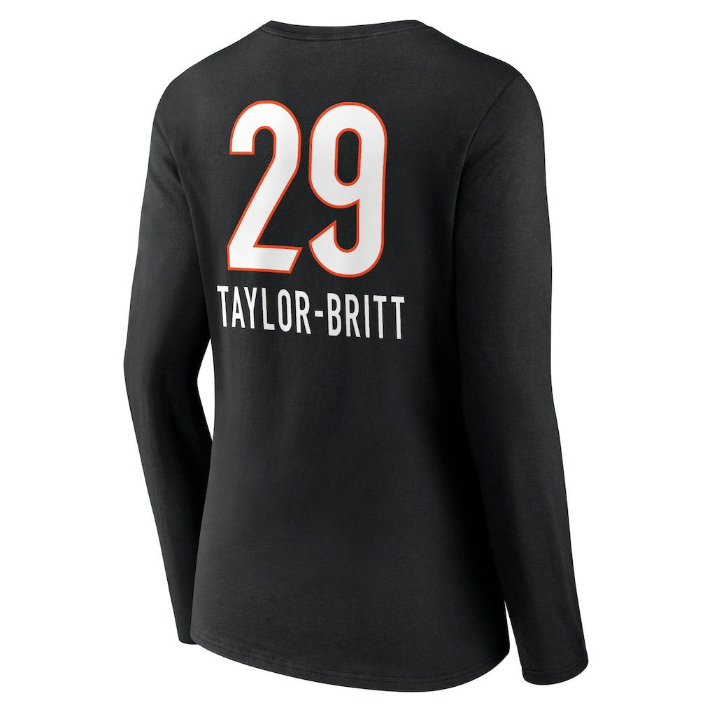 Cam Taylor-Britt  Women's Team Wordmark Player Name & Number Long Sleeve V-Neck T-Shirt - Cincinnati Bengals T-shirts