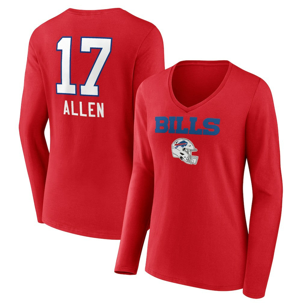Josh Allen  Women's Team Wordmark Player Name & Number Long Sleeve V-Neck T-Shirt - Buffalo Bills T-shirts
