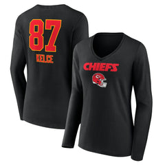 Travis Kelce  Women's Team Wordmark Player Name & Number Long Sleeve V-Neck T-Shirt - Kansas City Chiefs T-shirts