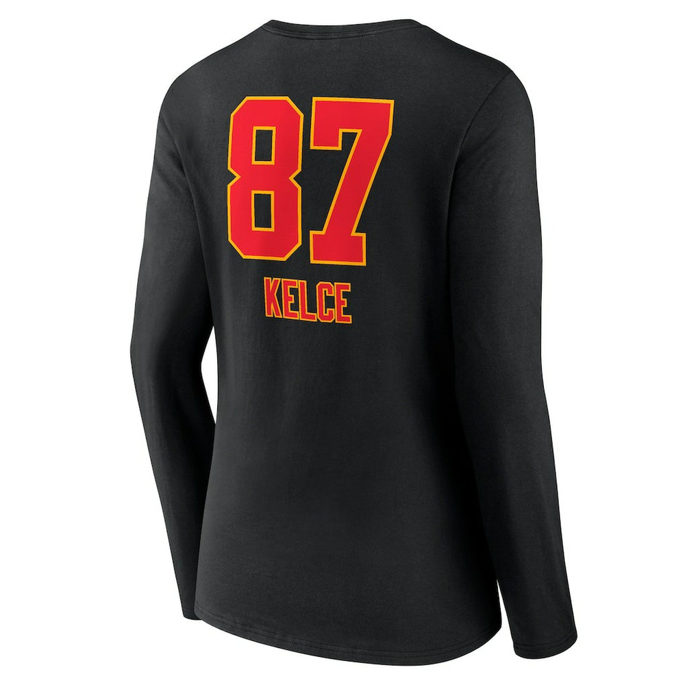 Travis Kelce  Women's Team Wordmark Player Name & Number Long Sleeve V-Neck T-Shirt - Kansas City Chiefs T-shirts