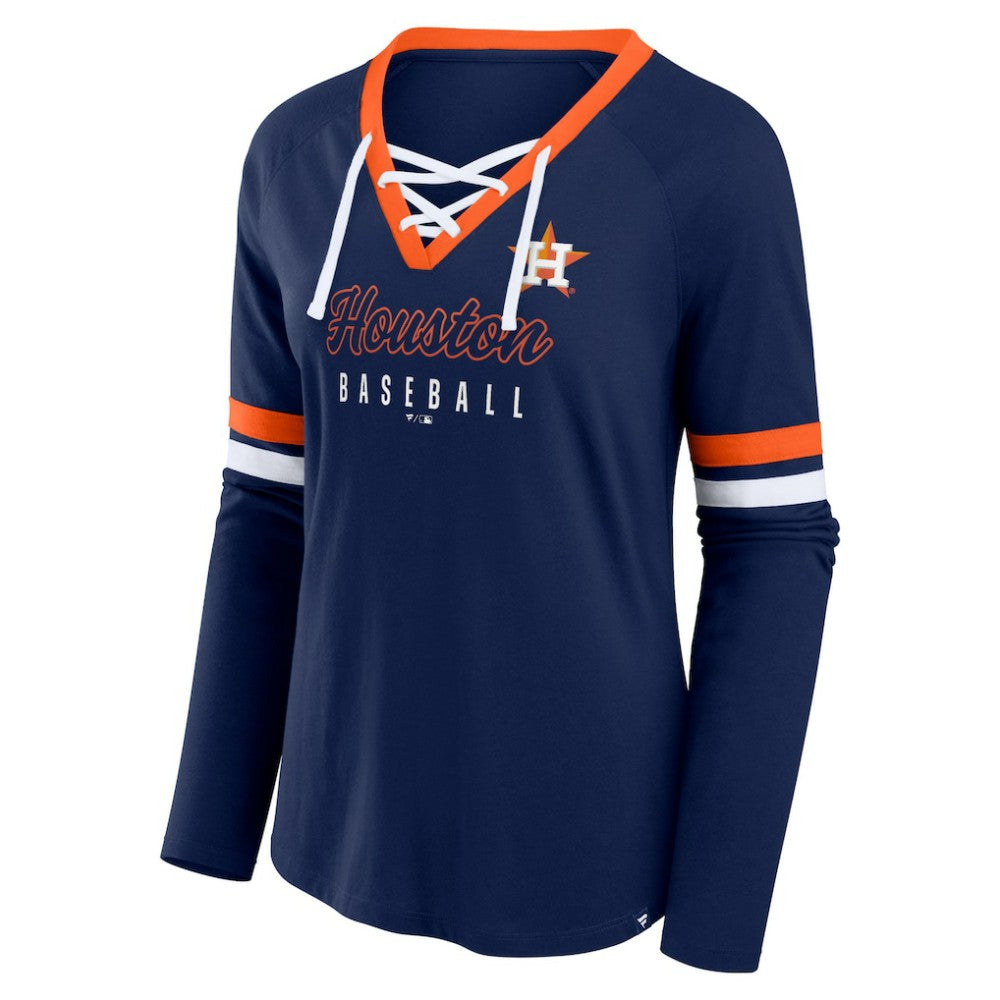 Navy Houston Astros Fanatics Women's Won & Done Raglan Lace-Up Long Sleeve T-Shirt
