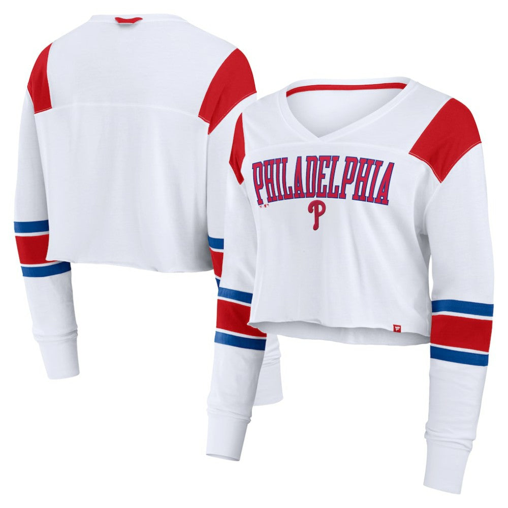 White Philadelphia Phillies Fanatics Women's Stretch Cropped Fashion Long Sleeve T-Shirt