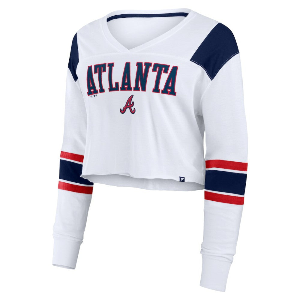 White Atlanta Braves Fanatics Women's Stretch Cropped Fashion Long Sleeve T-Shirt