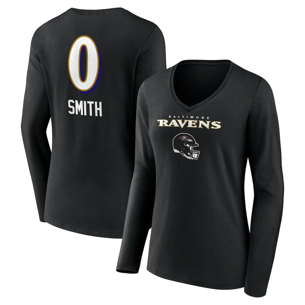 Roquan Smith  Women's Team Wordmark Player Name & Number Long Sleeve V-Neck T-Shirt - Baltimore Ravens T-shirts