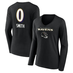 Roquan Smith  Women's Team Wordmark Player Name & Number Long Sleeve V-Neck T-Shirt - Baltimore Ravens T-shirts