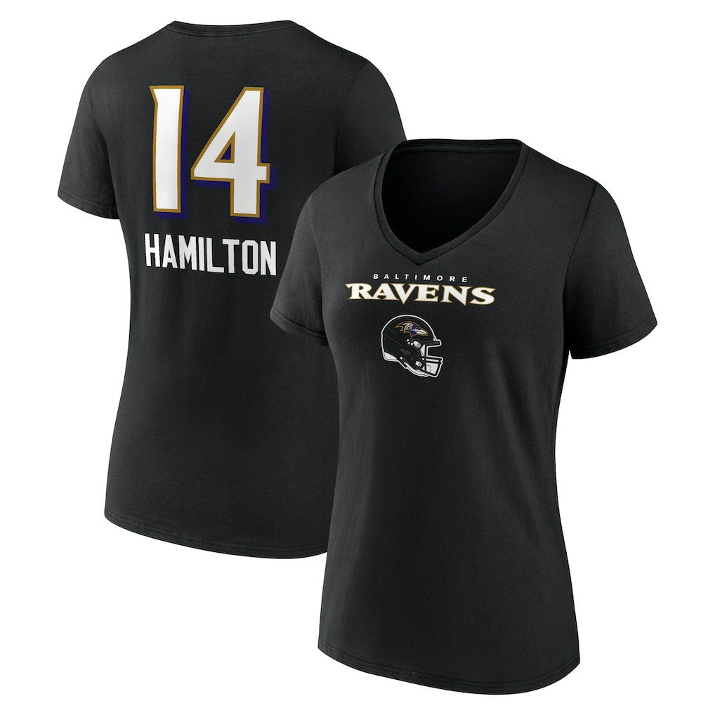 Kyle Hamilton  Women's Team Wordmark Player Name & Number V-Neck T-Shirt - Baltimore Ravens T-shirts