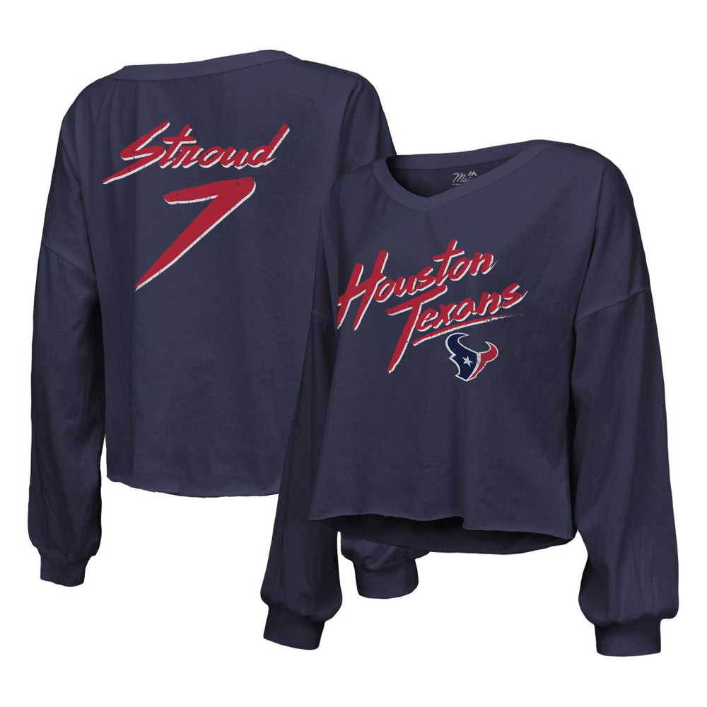 C.J. Stroud  Majestic Threads Women's Name & Number Script Off-Shoulder Cropped Long Sleeve T-Shirt - Houston Texans T-shirts