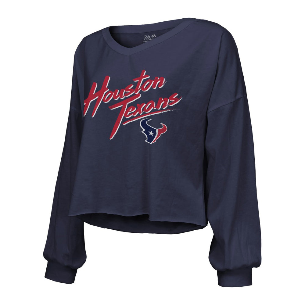 C.J. Stroud  Majestic Threads Women's Name & Number Script Off-Shoulder Cropped Long Sleeve T-Shirt - Houston Texans T-shirts