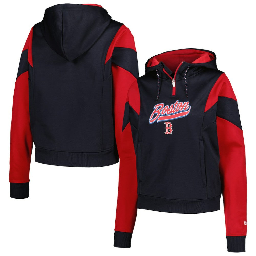 Navy Boston Red Sox New Era Women's Color Block Fleece Quarter-Zip Hoodie