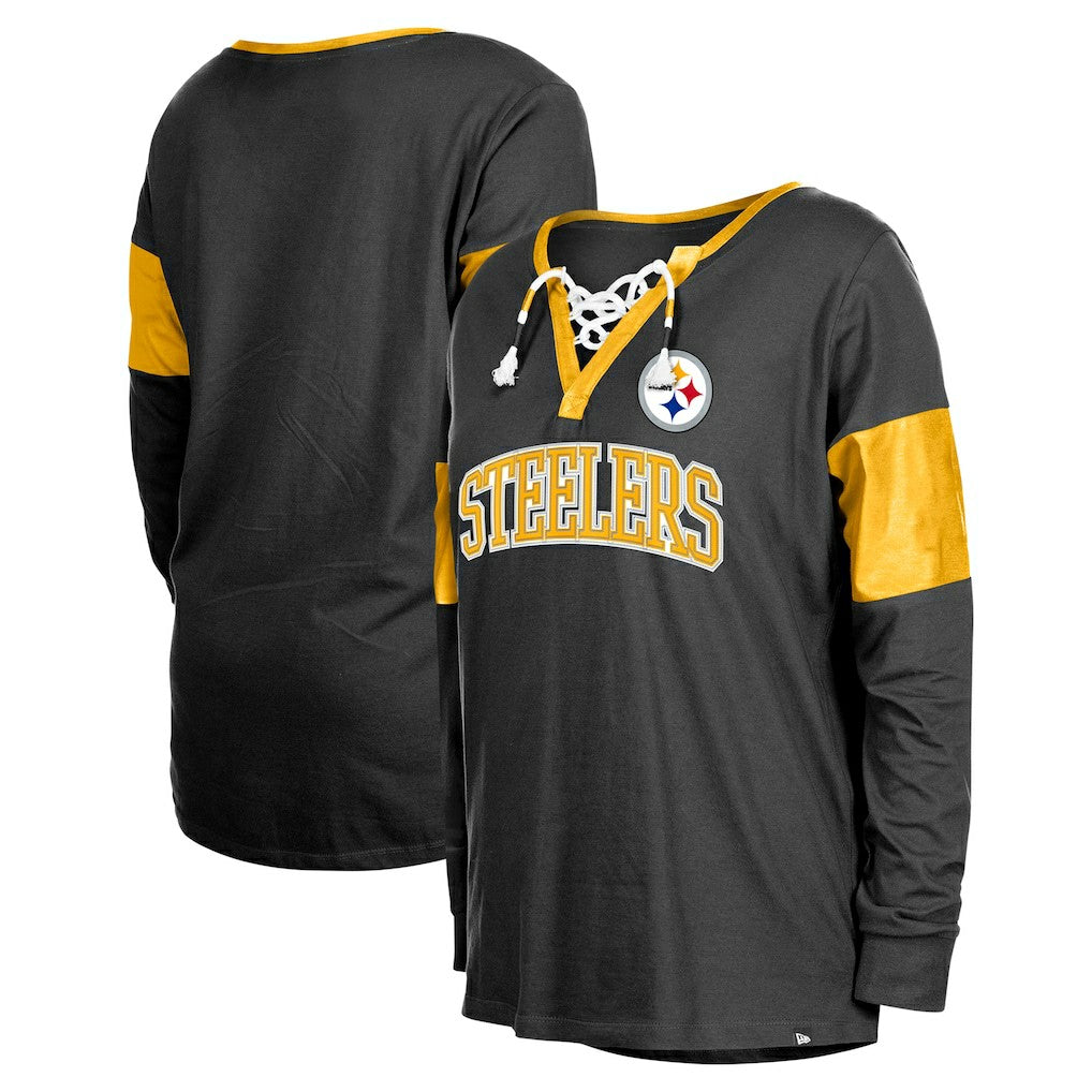 Women's Lace-Up Notch-Neck Long Sleeve T-Shirt - Pittsburgh Steelers T-shirts