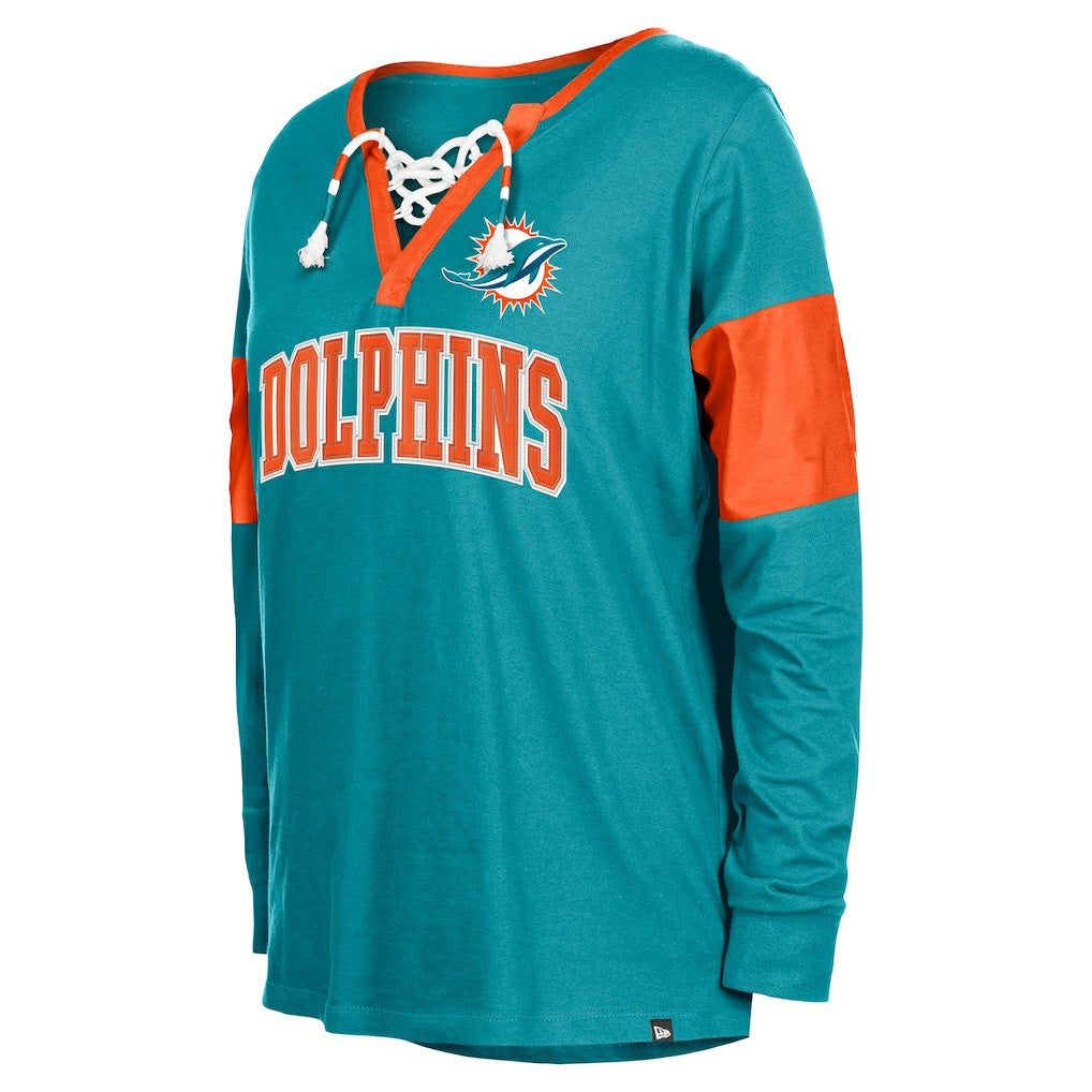 Women's Lace-Up Notch-Neck Long Sleeve T-Shirt - Miami Dolphins T-shirts