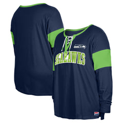 Women's Plus Size Lace-Up Notch Neck Long Sleeve T-Shirt  - Seattle Seahawks T-shirts