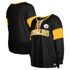 Women's Plus Size Lace-Up Notch Neck Long Sleeve T-Shirt  - Pittsburgh Steelers T-shirts