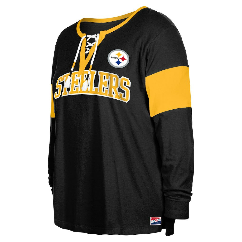 Women's Plus Size Lace-Up Notch Neck Long Sleeve T-Shirt  - Pittsburgh Steelers T-shirts