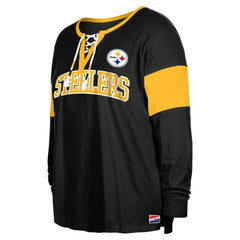 Women's Plus Size Lace-Up Notch Neck Long Sleeve T-Shirt  - Pittsburgh Steelers T-shirts