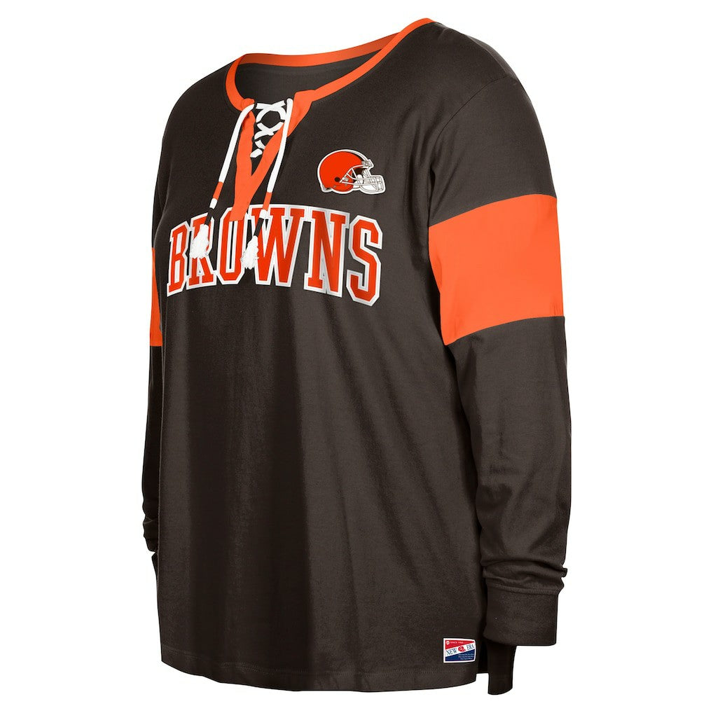 Women's Plus Size Lace-Up Notch Neck Long Sleeve T-Shirt  - Cleveland Browns T-shirts