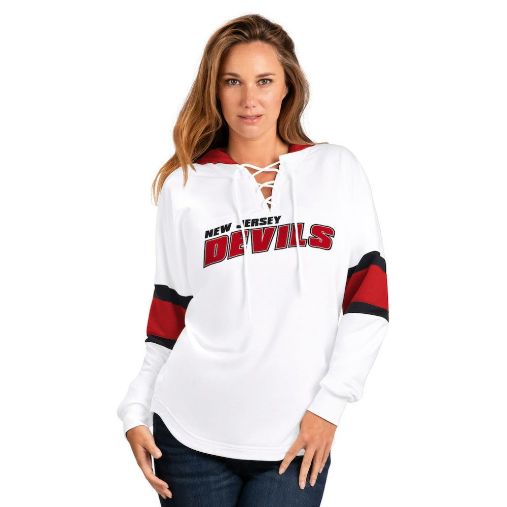 NHL New Jersey Devils G-III 4Her by Carl Banks Women's Goal Zone Long Sleeve Lace-Up Hoodie T-Shirt